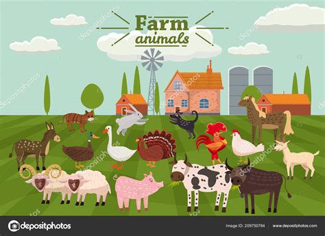 Farm Animals And Birds Set In Trendy Cute Style Including Horse Cow