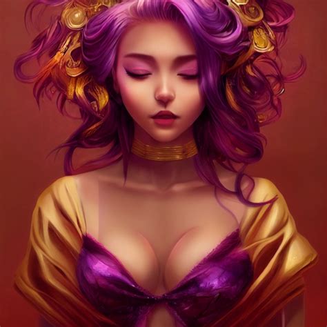A Beautiful Anime Woman With Purple Hair And A Gold Midjourney Openart