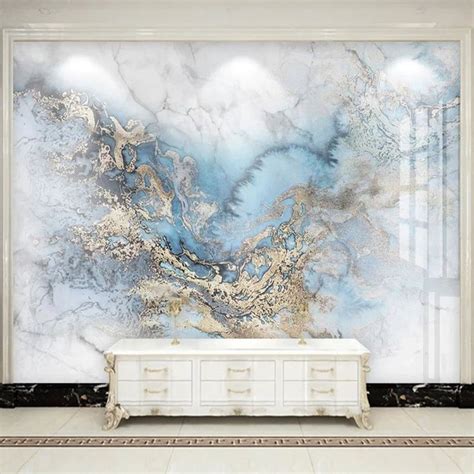 3d Wallpaper 3d Mural Print Abstract Marble Blue Gold Etsy Blue