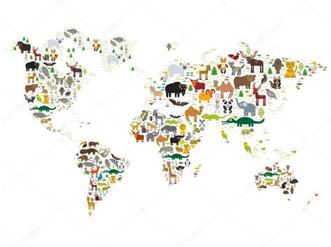 Mapa Vectorial Del Mundo Con Animales De Dibujos Animados Para Ninos
