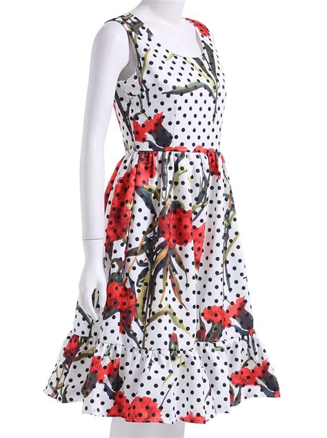 White Sleeveless Rose Print Polka Dot Ruffle Dress Sheinsheinside