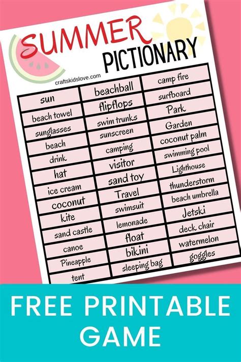 Print Your Own Summer Pictionary Game Free Printable Pictionary Words
