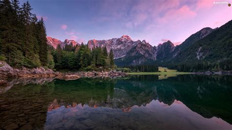Julian Alps Mountains Fusine Lake Forest Reflection Italy Viewes