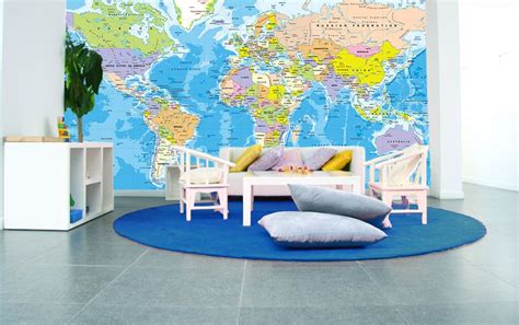 Colorful World Political Map Wall Mural Miller Projection Map Wall Images