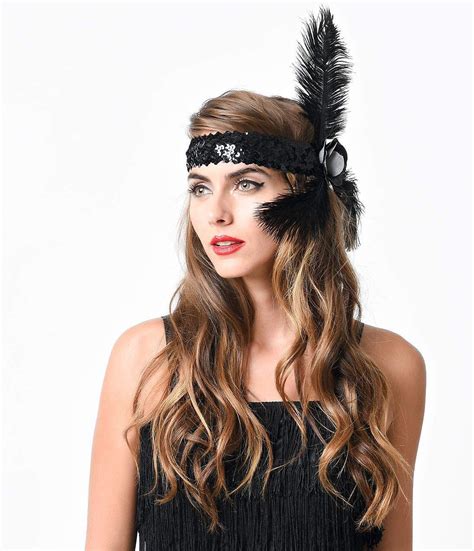 Black Sequined Glitter Rose Feather Flapper Headband Gatsby