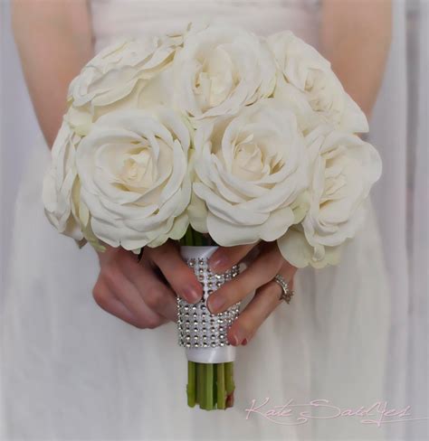 White Rose Wedding Bouquet With Rhinestone Handle Kate Said Yes Weddings