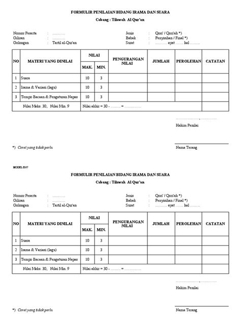 Form Penilaian Mtq Cabang Tilawah A4 Untuk Dicetak Pdf