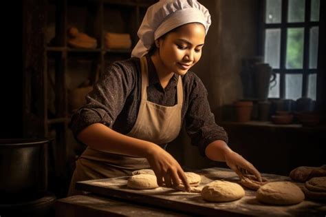 Premium Ai Image A Woman Baking Bread In A Rustic Kitchen