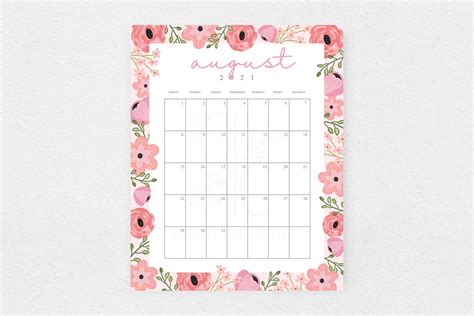 August 2021 Calendar Printable Dated Calendar Vertical Floral Etsy