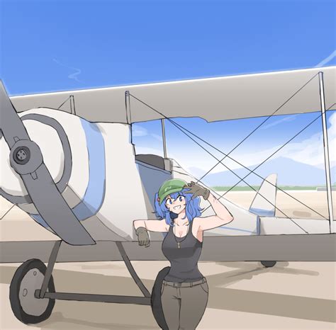 Safebooru 1girl Absurdres Aircraft Airplane Bangs Blue Eyes Blue Hair Brown Pants Flat Cap