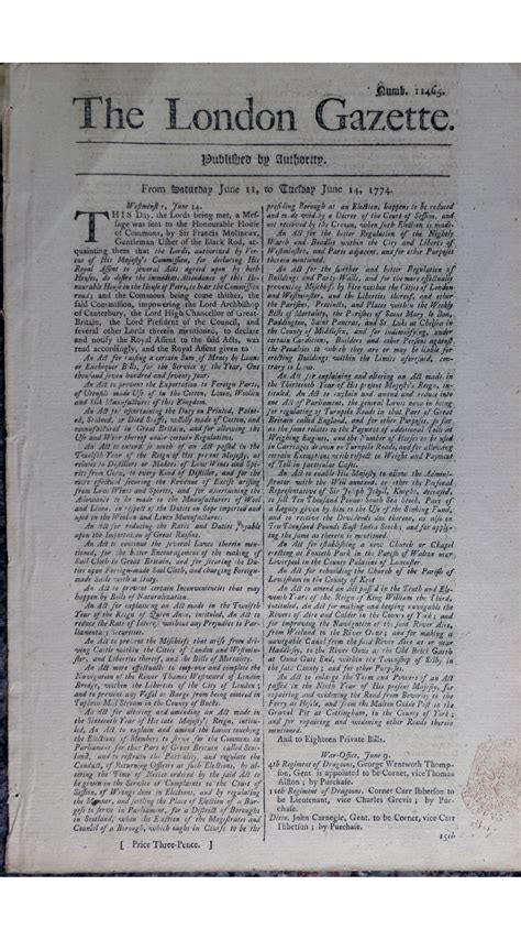 Historical 1774 June 11 June 14 The London Gazette Newspaper Not A