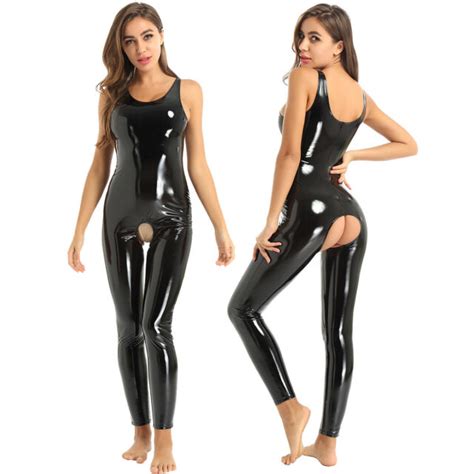 Womens Leather Wet Look Catsuit Crotchless Bodysuit Jumpsuit Clubwear