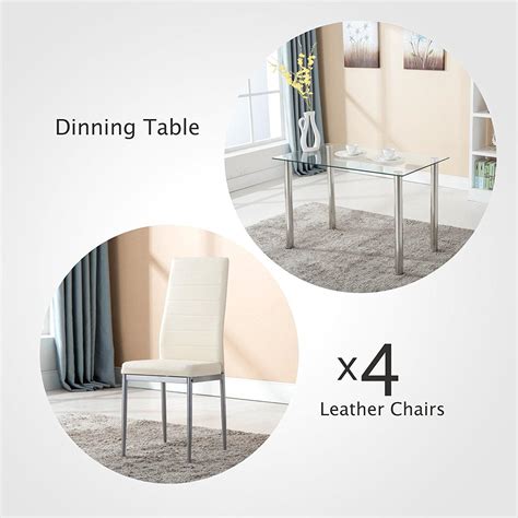 Ktaxon 5 Piece Dining Table Set Dining Table And 4 Leather Chairs Glass Top Kitchen Dining Room