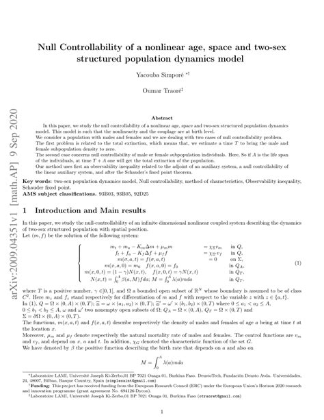 Pdf Null Controllability Of A Nonlinear Age Space And Two Sex Structured Population Dynamics