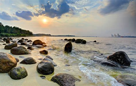 Singapore Coast Tropics Sunrises And Sunsets Stones Waves Hd