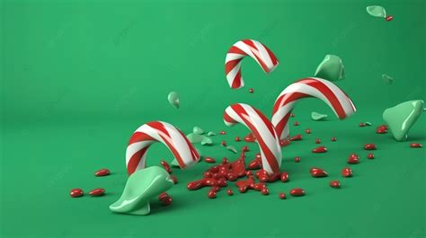 Slowly Falling Peppermint Candy Canes In 3d Render On Green Background