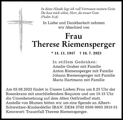 Traueranzeigen Von Therese Riemensperger Augsburger Allgemeine Zeitung