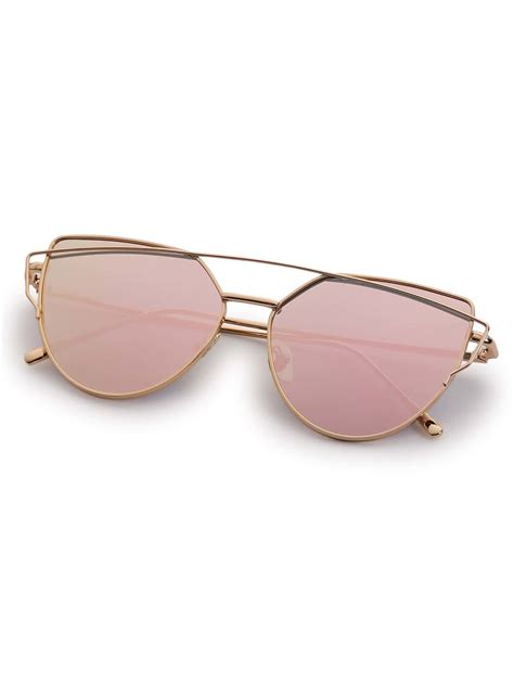 Gold Metal Frame Double Bridge Pink Lens Sunglasses Shein Sheinside