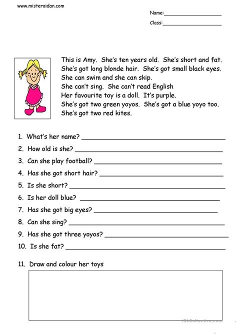 This Is Amy Simple Reading Comprehension Worksheet Free Esl