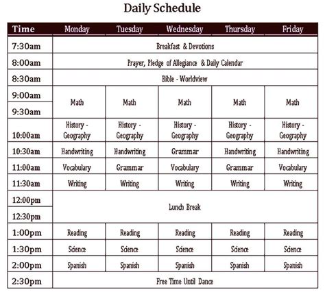 Sample Weekly School Schedule Template