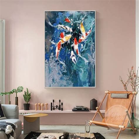 Koi Fish Painting Feng Shui Framed Wall Art Colourful Acrylic Etsy