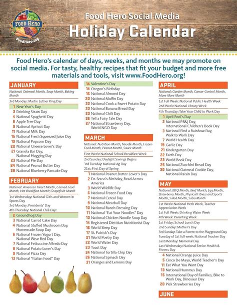Calender For Food Holidays Calendar Template Printable