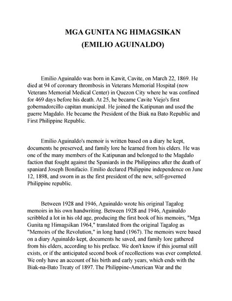MGA Gunita NG Himagsikan MGA GUNITA NG HIMAGSIKAN EMILIO AGUINALDO Emilio Aguinaldo Was Born