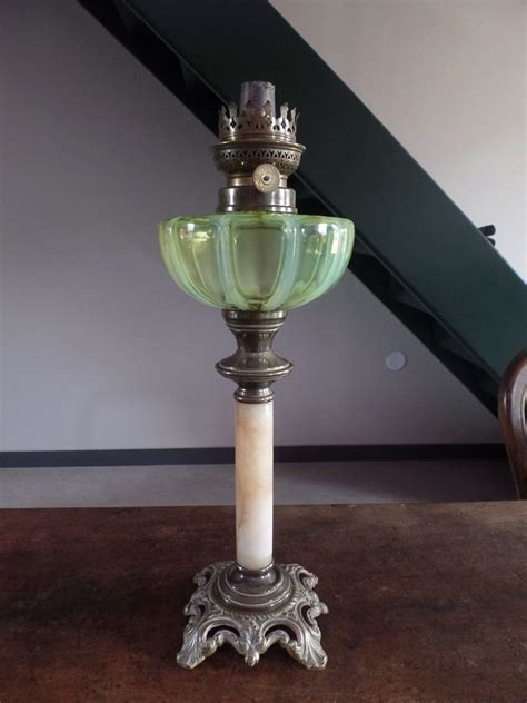 Antique French Vaseline Opalescent Striped Glass Oil Kerosene Lamp Kerosene Lamp French