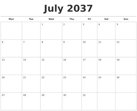 July 2037 Calendars Free