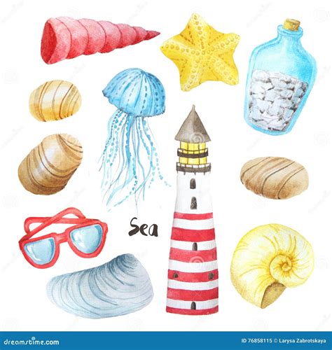 watercolor sea nautical elements set stock illustration illustration of stone coral 76858115