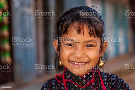 Portrait Of Young Nepali Girl Wearing Traditional Dress Bhaktapur Nepal
