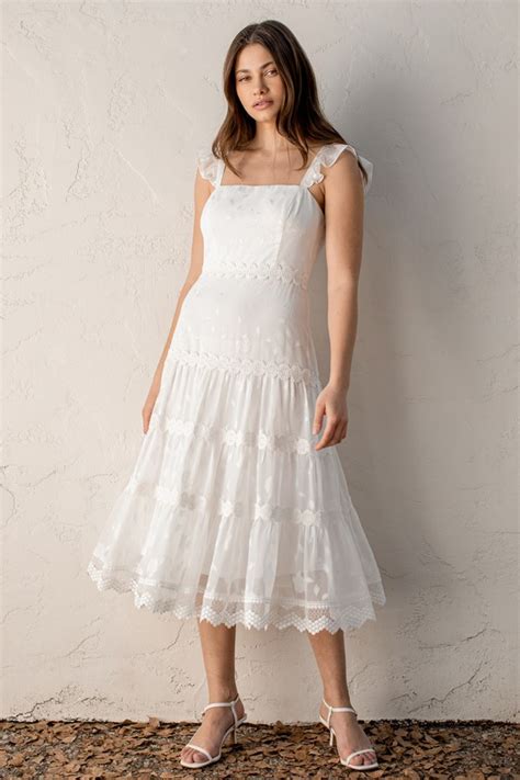 Cute White Dress Floral Jacquard Dress Tiered Midi Dress Lulus