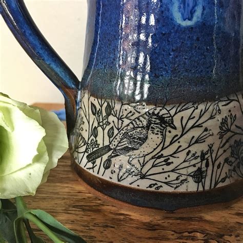 Handmade Pottery Mug With Birds Blue Mug With Dill Flowers Etsy