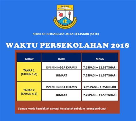 Panduan minggu persekolahan ini boleh digunakan oleh pentadbir untuk merancang segala aktiviti dan program di sekolah sama ada program di bawah unit kurikulum, hal. Waktu Persekolahan Tahun 2018 - SK JALAN SELANGOR (SATU)