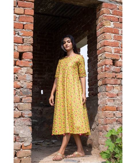 Yellow Woven Cotton Stitched Dresses The Anarkali Shop 3081700