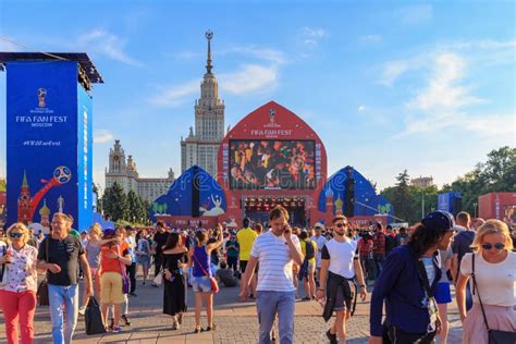 moscow russia june 28 2018 football fans from different countries walking on a fifa fan