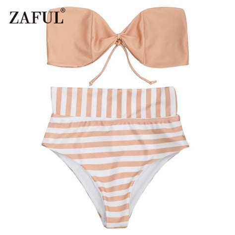 Zaful 2017 Women New Striped Bandeau High Waisted Bikini Set Bowknot
