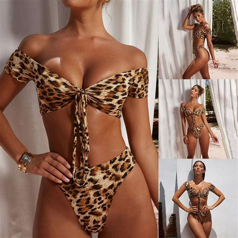 Women Leopard Print Push Up Padded Bra Beach Bikini Set Swimsuit
