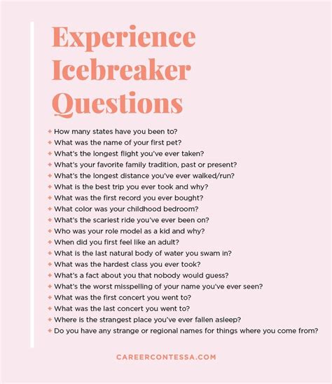 A Pink Poster With The Words Experience Icebreakerer Questions Written