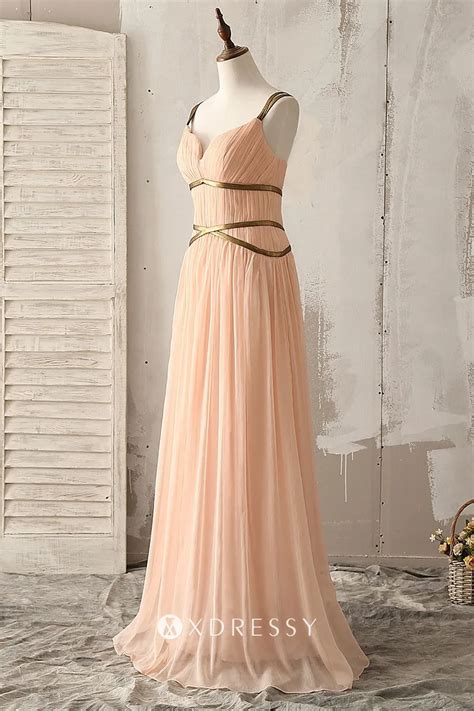 Gold Straps Peach Chiffon Pleated Bridesmaid Dress Xdressy