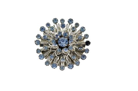 Vintage Starburst Silver Tone And Blue Rhinestone Brooch B