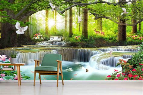 3d Waterfall Animal Landscape Self Adhesive Kids Bedroom Wallpaper