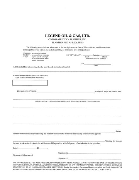Legend Oil And Gas Ltd Form 10 K Ex 35 Specimen Legend Oil And