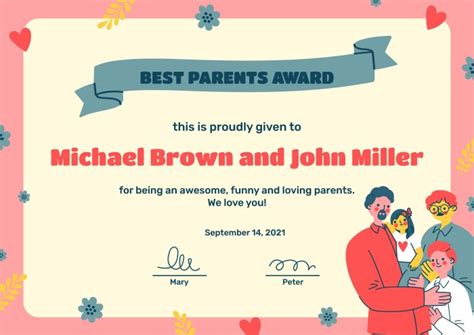 Free Creative Hand Drawn Best Parents Certificate Template