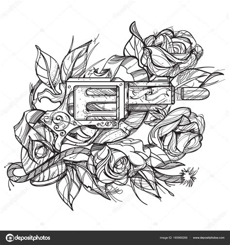 Download Pistola y rosas | Tatuaje de pistola y rosas — Vector de ...