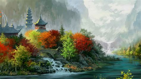 Artwork Painting Digital Art Asian Architecture House Tower Nature Landscape River