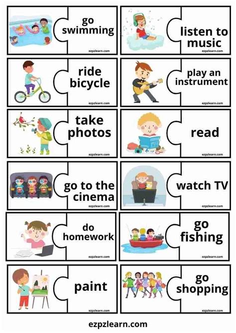 Free Printable Puzzle Freetime Activities Match With Vocabulary Topic