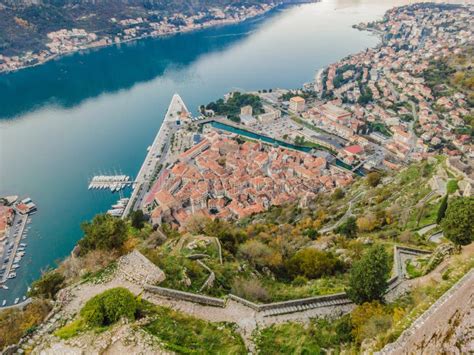 Kotor Old Town Ladder Of Kotor Fortress Hiking Trail Aerial Drone View