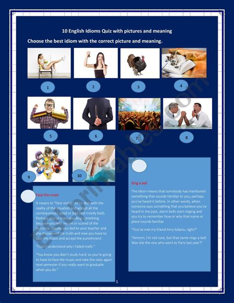Definitions by the largest idiom dictionary. 10 English Idioms Quiz with pictures and meaning - ESL worksheet by mohadesehjafari.m