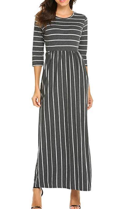 Pogtmm Womens Fall Striped 34 Sleeve Long Dress Casual Round Neck Maxi
